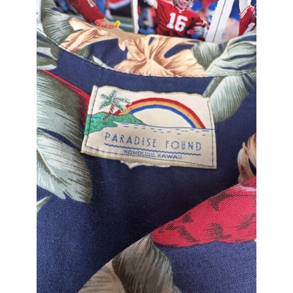 VTG Mens L Paradise Found Blue Red Parrot Rayon Hawaiian Shirt Magnum PI USA - Picture 3 of 4